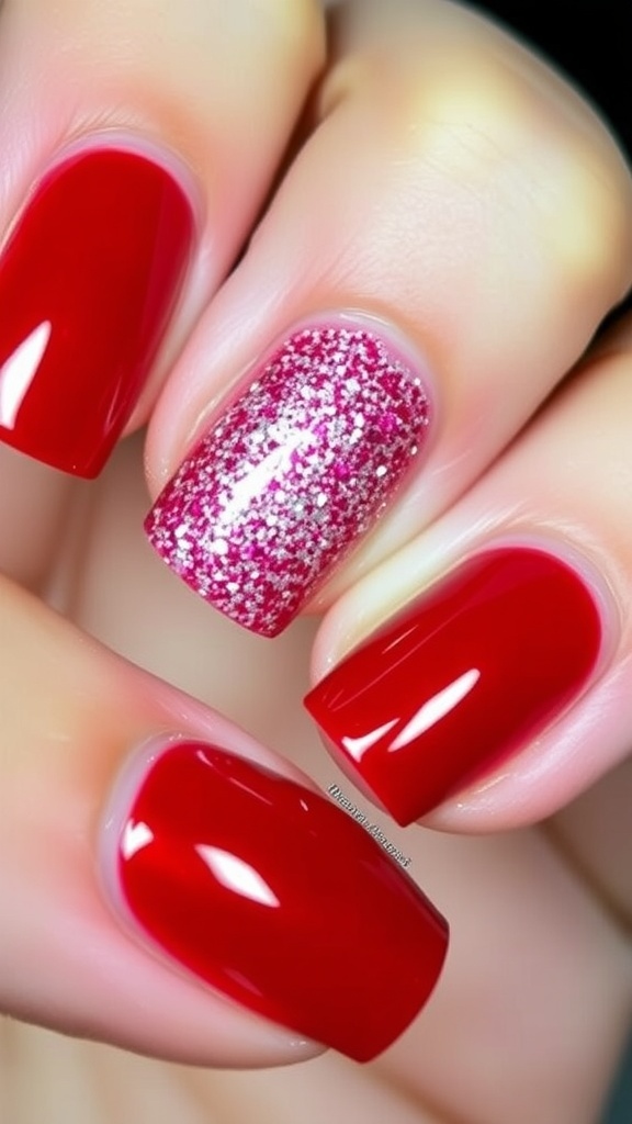 Christmas Red Glitter Nail Art Close-up of Christmas red glitter nails, showcasing a festive and glamorous design.